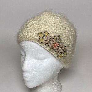 French Knot Knit Beanie Hat Mohair Wool Blend Embroidered Fully Lined Beige